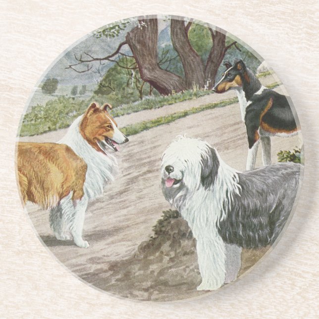 Vintag Dog Trio Sandstein Untersetzer (Vorne)