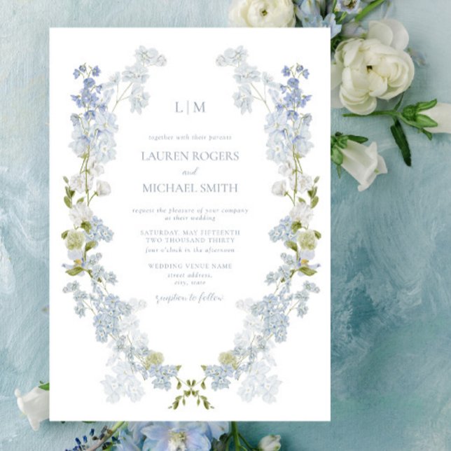 Vintag Dusty Blue Garden Monogram Wedding Einladung (Unveil love with our Vintage Invitation. #ElegantWeddings)
