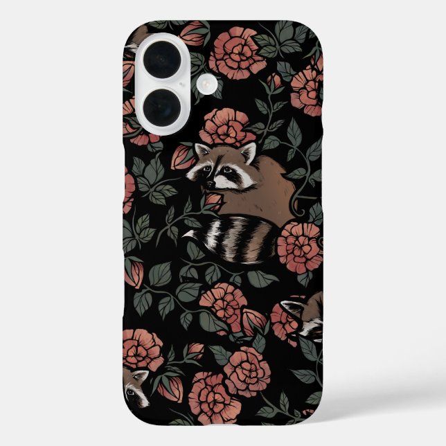 Vintag Dusty Rose Raccoons Muster iPhone 16 Hülle (Rückseite)