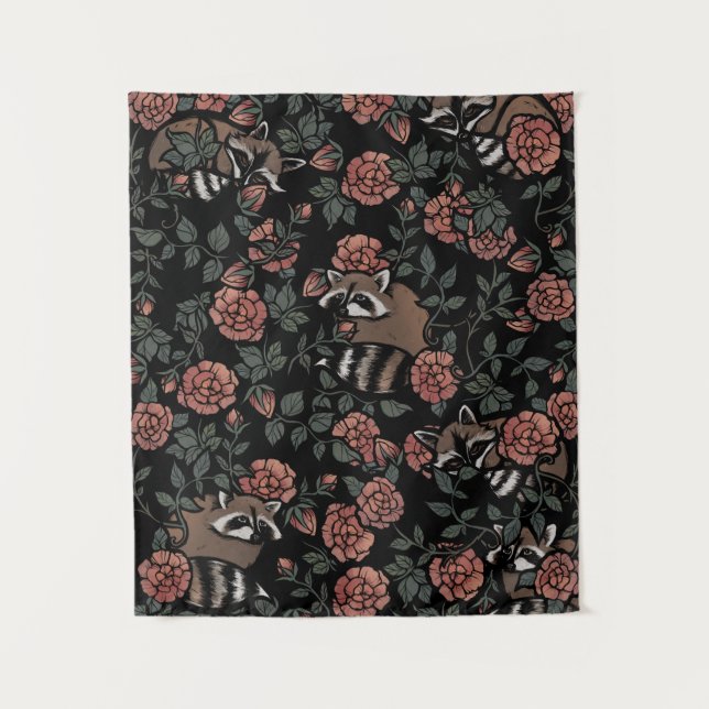 Vintag Dusty Rose Raccoons Muster Wandteppich (Vorderseite)