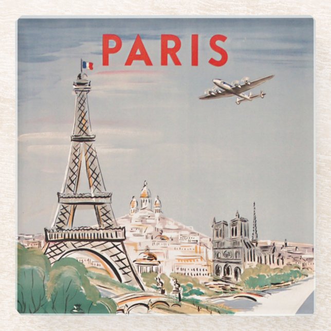 Vintag Eiffelturm Paris Air Travel Lithograph Glasuntersetzer (Vorderseite)