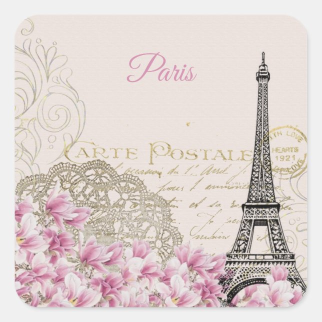 Vintag Eiffelturm Paris Postkarte Quadratischer Aufkleber (Vorderseite)