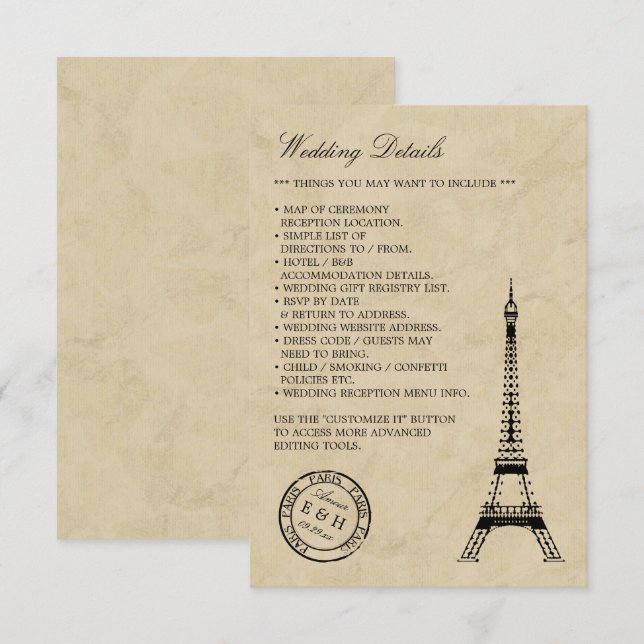 Vintag Eiffelturm Paris Postmark Wedding Begleitkarte (Vorne/Hinten)
