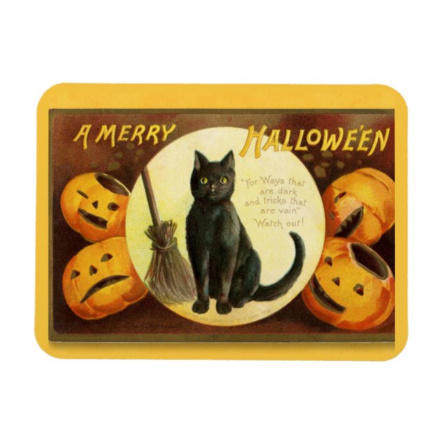 Vintag ein froher Halloween Black Cat Broom Magnet (Horizontal)