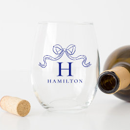 Vintag Elegance Blue Bow Wedding Monogram Weinglas Ohne Stiel