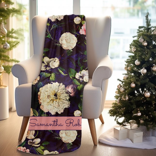 Vintag Elegantes, florenrosa Blume blaues Monogram Fleecedecke (Von Creator hochgeladen)