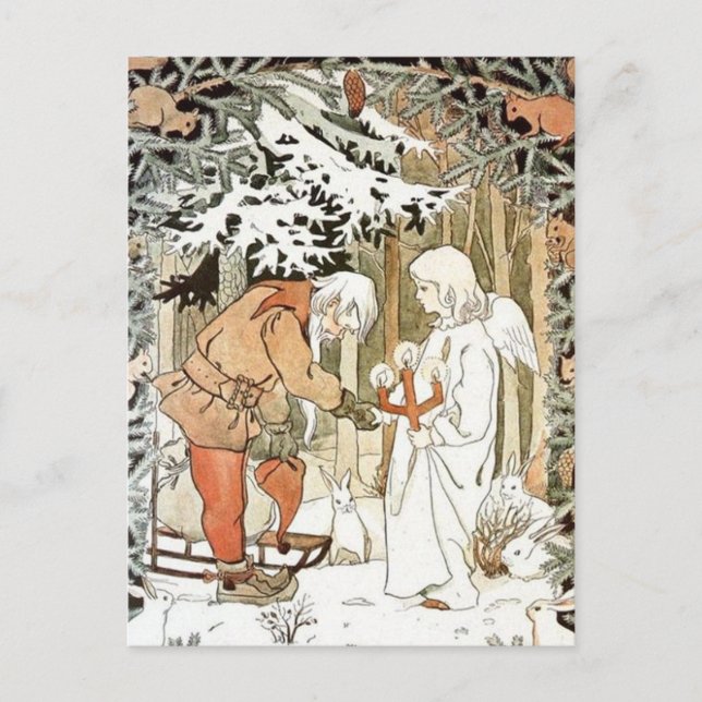 Vintag Elsa Beskow Weihnachtsangel Winterszene Postkarte (Vorderseite)