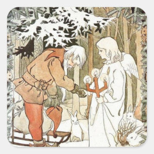 Vintag Elsa Beskow Weihnachtsangel Winterszene Quadratischer Aufkleber