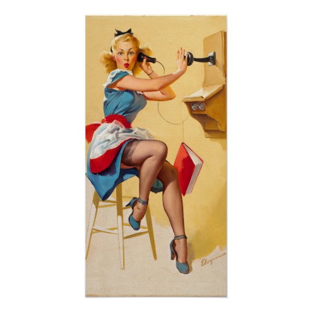 Vintag Elvgren Telefone Button-up Girl Retro Poster (Vorderseite)