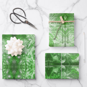 Vintag Emerald Green Blume Motif White Glitzer Geschenkpapier Set