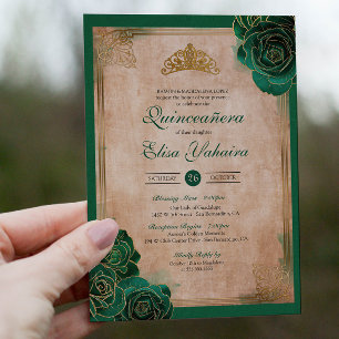 Vintag Emerald Green Gold Rose Royal Quinceanera Einladung