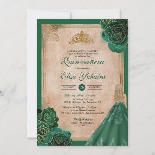 Vintag Emerald Green Gold Rose Royal Quinceanera Einladung