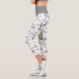 Vintag Englisch Floral Toile de Jouy-Blue Capri Le Leggings