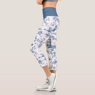 Vintag Englisch Floral Toile de Jouy-Blue Capri Leggings