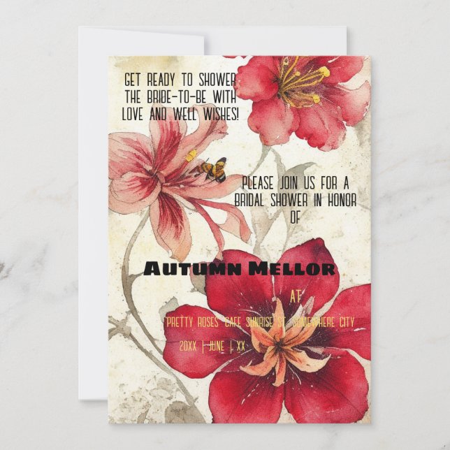 Vintag Ephemera Red Lilien Brautparty Einladung (Vorderseite)