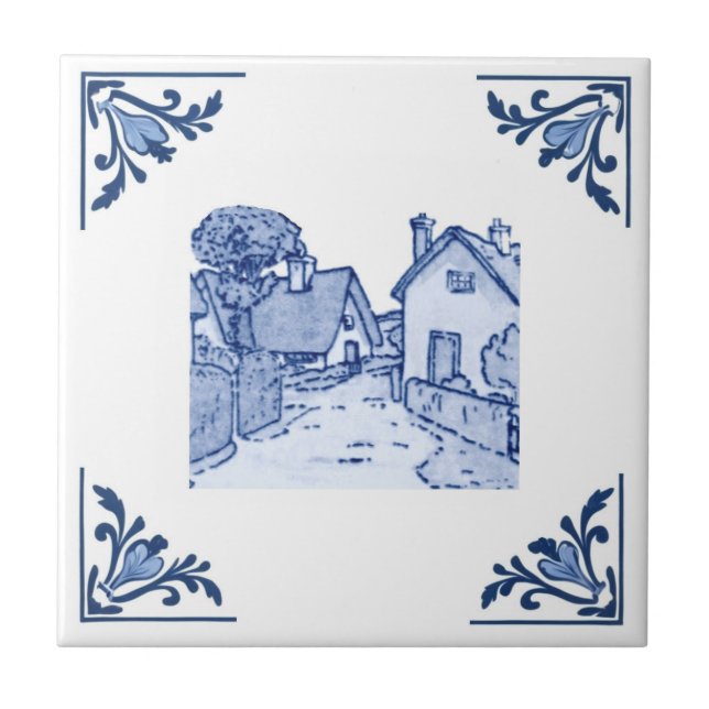 Vintag European Village Zuhause Delft Blue & White Fliese (Vorderseite)