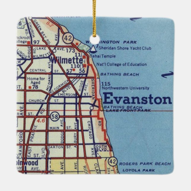 Vintag Evanstown IL Karte Keramikornament (Rückseite)