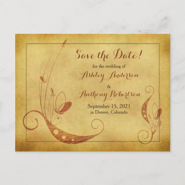Vintag Fall Blumenhochzeit Datum Postkarte speiche (Vorderseite)