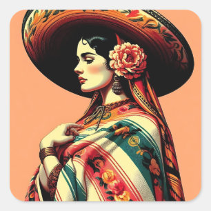 Vintag Fiesta Mujer Mariachi Mexicana Quadratischer Aufkleber