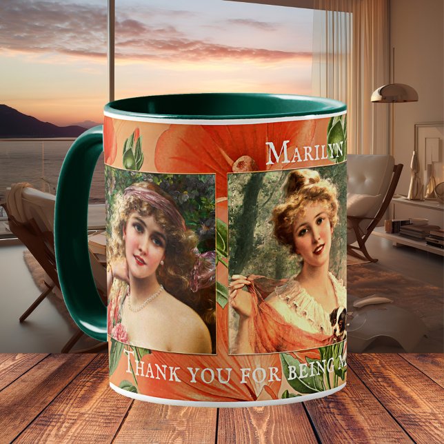 Vintag Floral Bridesmaid Vielen Dank Foto Tasse (Bridesmaid Thank You wedding favor mug featuring custom photos on a painting of orange flowers)
