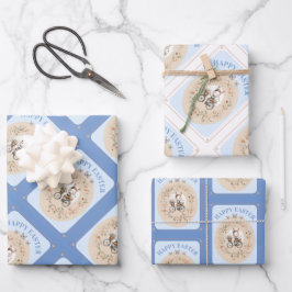 Vintag Floral Oaster Bunny Blue Gingham Karo Geschenkpapier Set