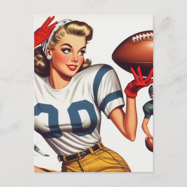 Vintag Football Girl Illustration Postkarte (Vorderseite)