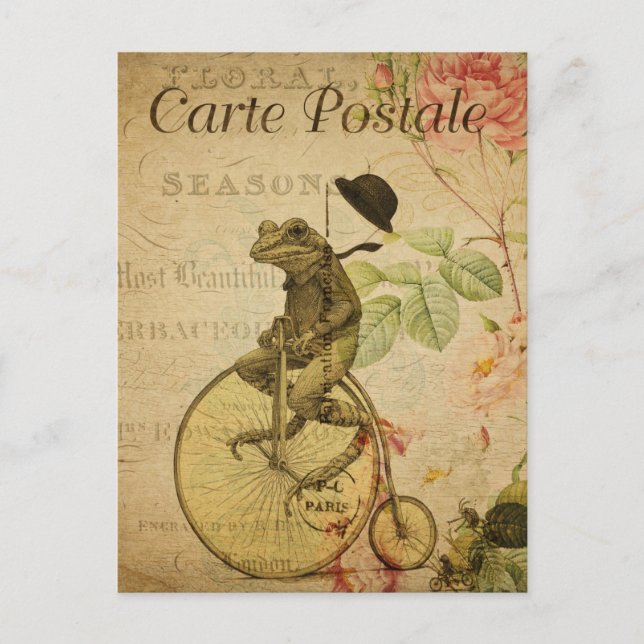 Vintag Frog Reiten Fahrrad Rosen Französisch Postkarte (Vorderseite)