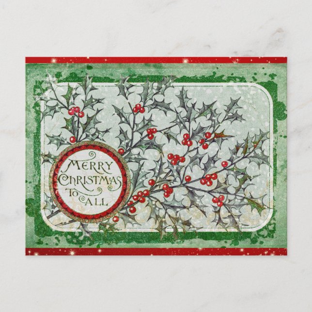 Vintag Frohe Weihnachten Grün Holly Postkarte (Vorderseite)