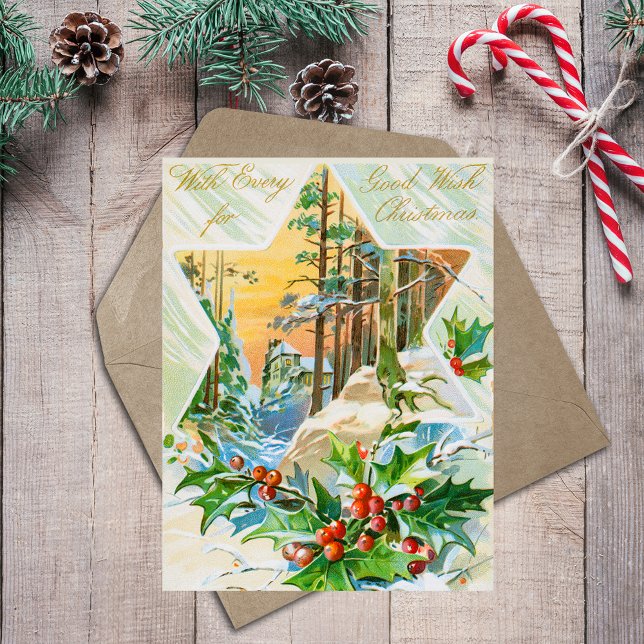 Vintag frohe Weihnachten Heilige Jahresgrüße (Vintage Retro Merry Christmas Green Holly Red Berries Season Greetings Holiday Postcard)