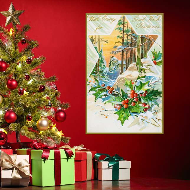 Vintag frohe Weihnachten Holly Berries Schneefest Poster (Vintage Merry Christmas Holly Berriy Snow Festive Seasons Greetings Poster)