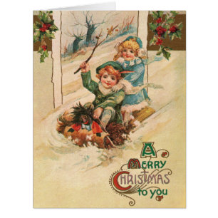 Vintag Frohe Weihnachten, Kinder auf Schlitten