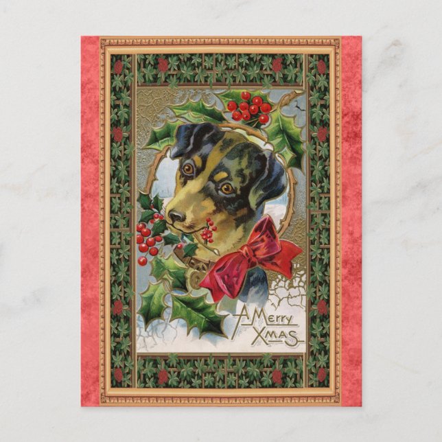 Vintag Frohe Weihnachten Niedlicher Hund Postkarte (Vorderseite)