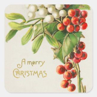 Vintag frohe Weihnachten Rot & White Holly Berries Quadratischer Aufkleber