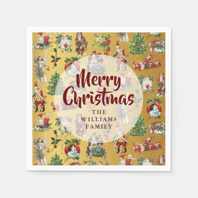 Vintag frohe Weihnachts-Goldfamilie Serviette (Vorderseite)