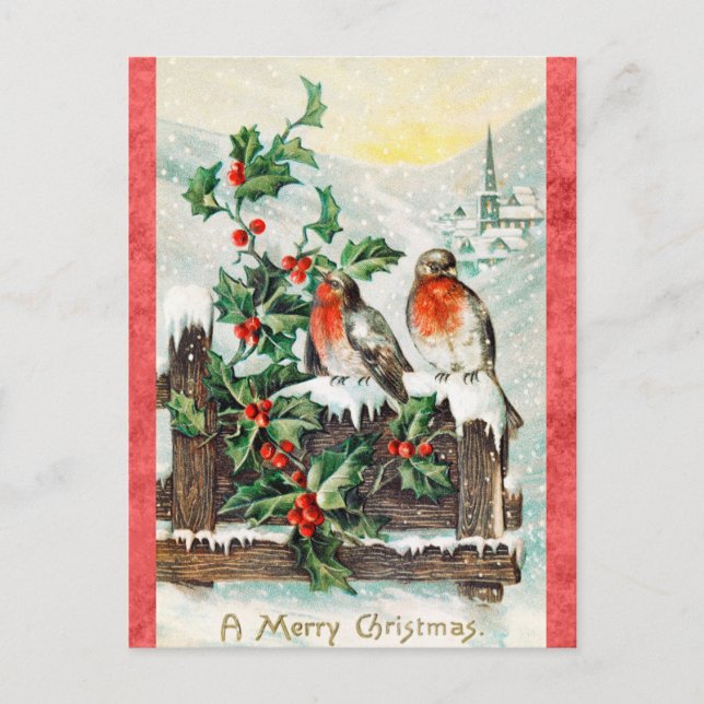 Vintag Frohe Weihnachtsbird Holly Snow Postkarte (Vorderseite)