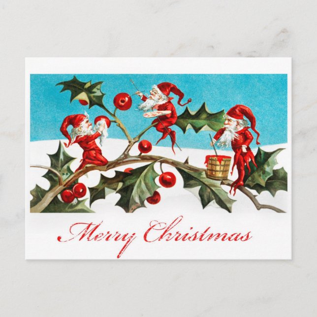 Vintag frohe Weihnachtselfen Red Holly Postkarte (Vorderseite)