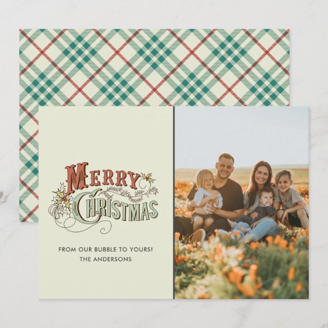 Vintag frohe Weihnachtsfamilie Foto Kariert Feiertagskarte (Vorne/Hinten)