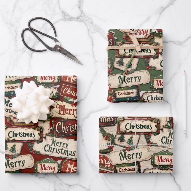 Vintag frohe Weihnachtsschattierungen und -zeichen Geschenkpapier Set (Vorderseite)
