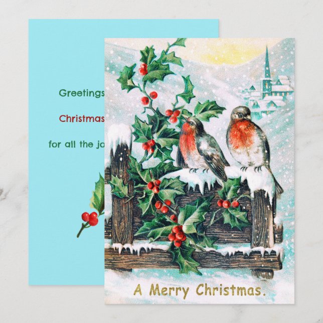 Vintag Frohe Weihnachtsvögel Holly Einladung (Vorne/Hinten)