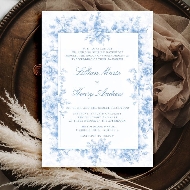 Vintag Garden Blue Toile Einladung (vintage garden wedding invitation blue toile french roses floral botanical old money formal elegant)