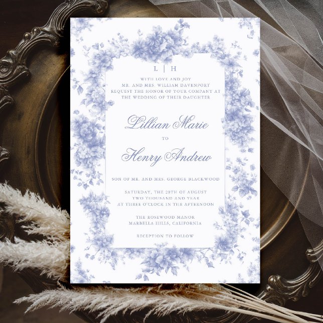 Vintag Garden Blue Toile Einladung (vintage garden wedding invitation blue toile french roses floral botanical old money elegant formal)