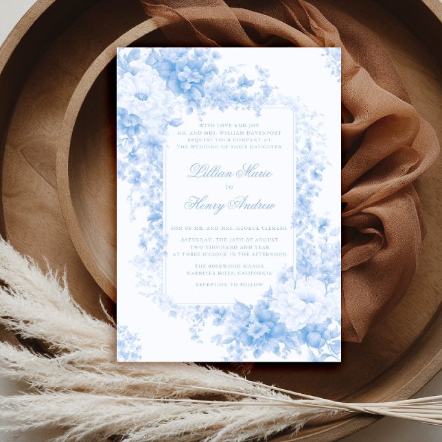 Vintag Garden Etwas Blue Toile Feierliche Hochzeit Einladung (vintage garden wedding invitation chateau something blue toile floral old money formal traditional)