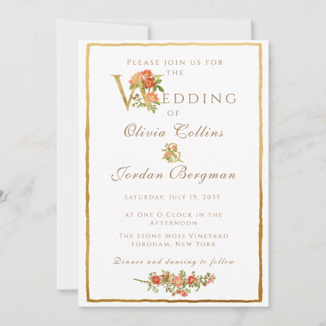 Vintag Garden Rose und Gold Simple Wedding Einladung (Vorderseite)