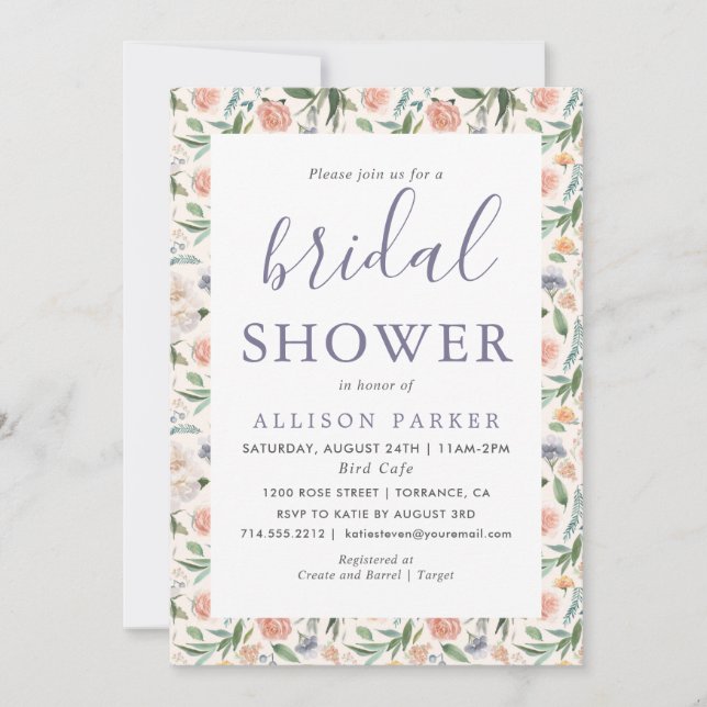 Vintag Gartenblumenmuster Lila Brautparty Einladung (Vorderseite)