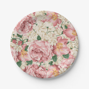 Vintag-Gartenmuster-Rose und Hydrangeas-Muster Pappteller