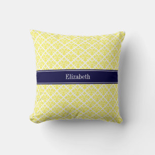 Vintag-Gelb-Weiße-Damask #3-Navy-Name-Monogramm Kissen