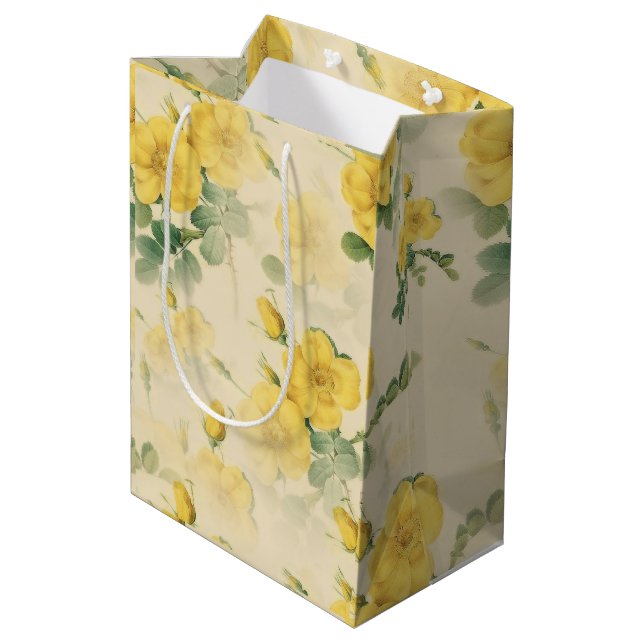Vintag Gelbe Rosen Geschenktasche Elegante Mittlere Geschenktüte (Rückseite Schrägansicht)