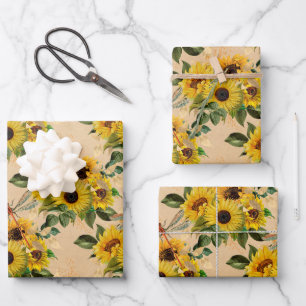 Vintag-Gelbe Sonnenblume Bouquet-Libellen Geschenkpapier Set