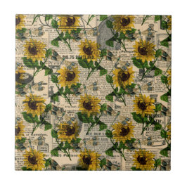 Vintag Gelbe Sonnenblume Zeitung Dragonfly Fliese