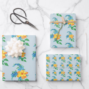 Vintag Gelborange Blume Blumenbaby Blue Flat Geschenkpapier Set